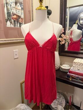 Victoria's Secret Red Lace-Trim Chemise with Bow Accent